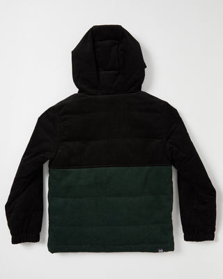 From Alphabet Soup comes Kids Curb Green & Black Cord Puffer Jacket. Made with unique cord fabric and embroidered logo, it is both practical and trendy. Perfect for streetwear or outdoor activities, the jacket has a fixed hood, two front pockets, and a zip-up front.