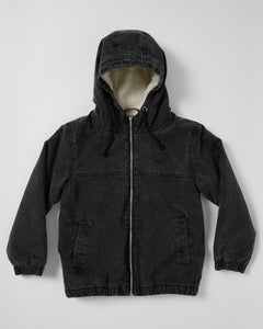 Expertly crafted Teen Boys Summit Canvas Jacket by Alphabet Soup. Vintage dark grey wash treatment, inner Sherpa fleece lining, fixed hood design, elasticated hemline and cuffs. Stay comfortable with front hand pockets.