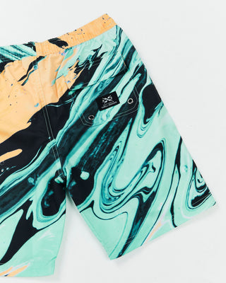 Kids Twister Boardshorts by Alphabet Soup for boys aged 2-7. Featuring melon/mint/black swirl paint print colorway, recycled polyester microfiber. These shorts feature an adjustable drawcord and a faux fly, plus a secure back pocket complete with a woven logo patch.
