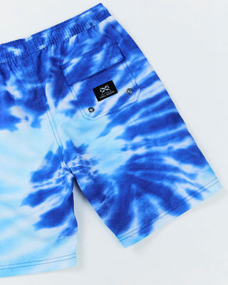 Teen Wipe Out Boardshort by Alphabet Soup for boys aged 8-16 Featuring recycled polyester microfiber, quick-dry fabric & adjustable elastic waist and blue tie dye swirl print.