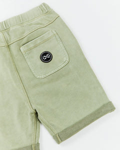 Alphabet Soup's Teen Fakie Shorts for boys aged 8-16 feature Thyme green Cotton French Terry w/roll-up hems, adjustable drawcord, faux-fly & pockets. Plus an embroidered logo at the back pocket.