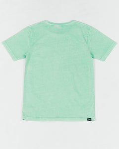 Alphabet Soup's Kids Go To Pocket Tee for boys aged 2-7. Featuring 100% cotton, pockets, rib neckline in a faded mint hue.