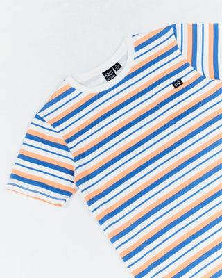 The Alphabet Soup Stripe Short Sleeve Tee! For boys aged 2 to 7. Features a multicolour stripe, chest pocket with logo trim, vintage wash and 100% cotton jersey make it comfortable and stylish. Regular fit and straight hemline.