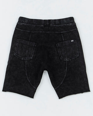 Kids Stacked Short from Alphabet Soup for boys aged 2-7. Featuring heavy-weight cotton, elastic waist, adjustable drawcord, acid black wash, faux- fly, raw hem, pockets with back panel detail, embroidery front pocket and woven label back pocket.