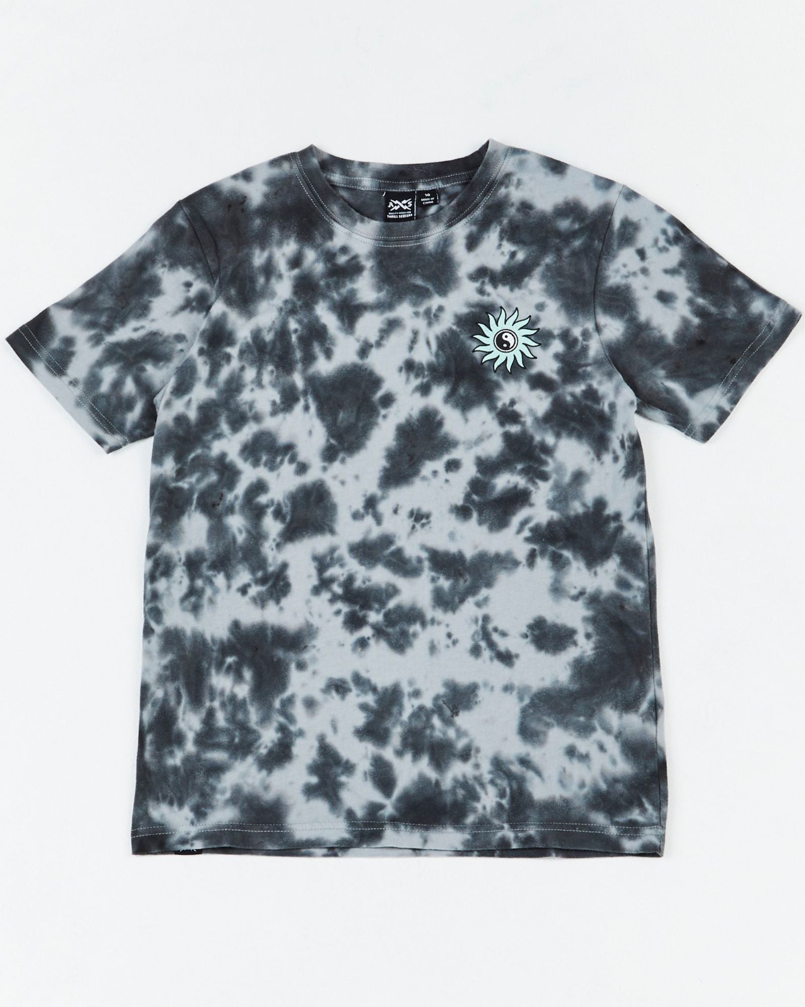 Kids Sunshine Club Tee by Alphabet Soup in grey tie dye colourway for boys aged 2-7. Featuring 100% cotton, short sleeves, regular fit, “Sunshine Club” prints to chest and back.