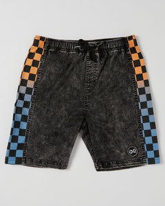 Alphabet Soup's Teen Check Mate Short for boys aged 8 to 16 offers an elastic waistband, adjustable drawstring, faux fly, and single back pocket with checkered panel detail.