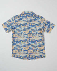 Alphabet Soup's Kids Poolside Short Sleeve Shirt is designed for boys aged 2 to 7 with a vintage wash, open chest pocket, and regular fit. It has a tropical print in three colorways and includes a button-through placket and curved hemline.