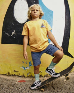  Alphabet Soup's Kids Thruster Tee for boys aged 2-7. Crafted from 100% Cotton Jersey. A melon pigment dye tee, regular fit, straight hemline, short sleeves, ribbed crew neckline, and a retro surf “Paradise Life” print to chest and back.
