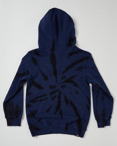 Alphabet Soup Kids Box Hoodie in midnight blue tie dye, made with 100% cotton and a tie-dye fabric, your little skater will love the oversized fit, kangaroo pocket, and logo embroidery patch on the centre chest.
