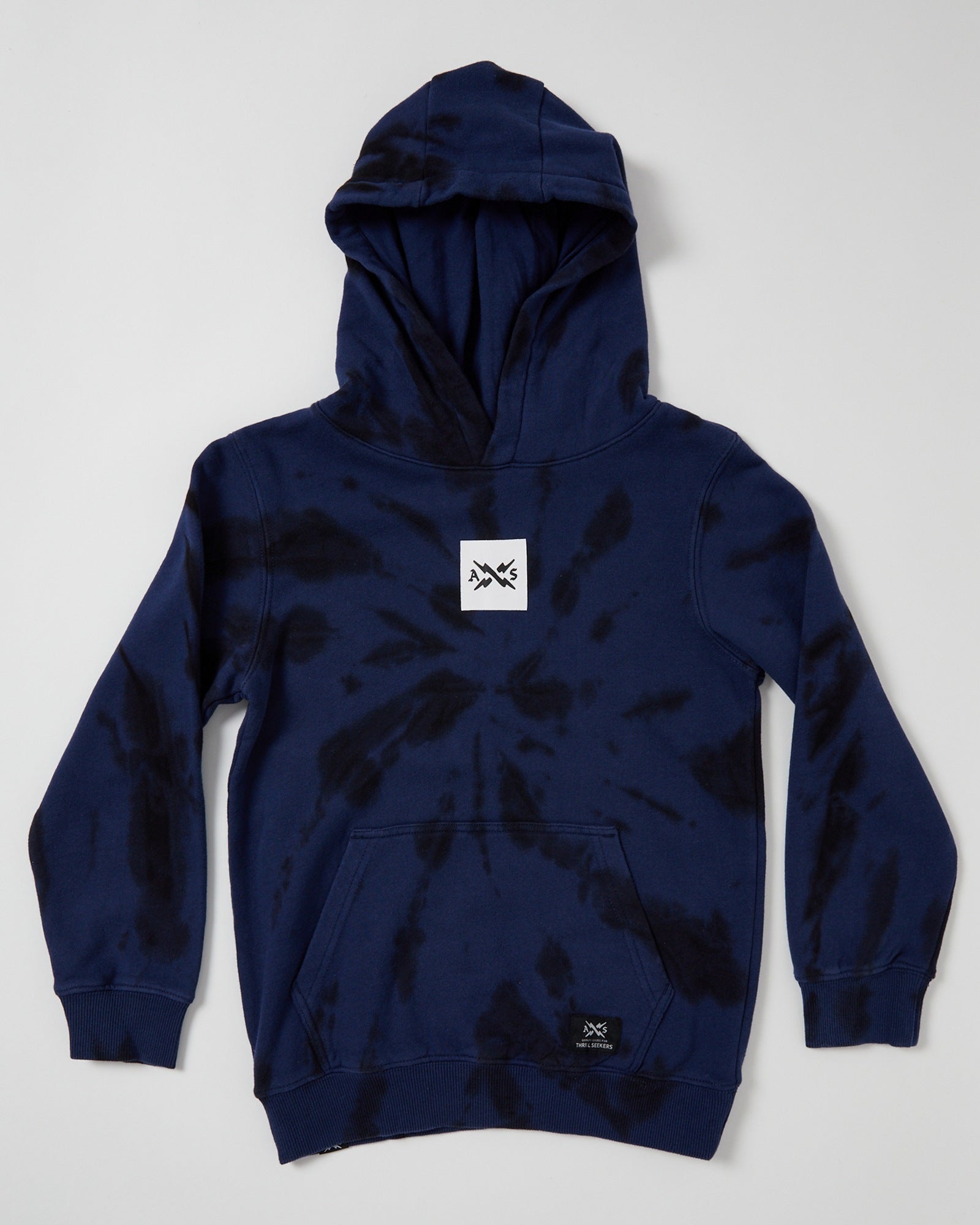 Alphabet Soup Kids Box Hoodie in midnight blue tie dye, made with 100% cotton and a tie-dye fabric, your little skater will love the oversized fit, kangaroo pocket, and logo embroidery patch on the centre chest. 