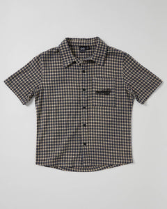 Boys Alphabet Soup's Teen's Check It Short Sleeve Shirt is made from 100% cotton and features a curved hemline, button through placket, and open chest pocket. Ideal for any drop-in, with yarn check fabric and embroidered art.