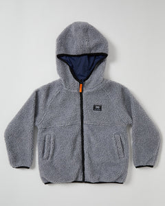 This reversible Kids Polar Jacket by Alphabet Soup features a water-resistant layer and soft grey sherpa for warmth and dryness. The fixed hood and reversible design offer versatile style options.