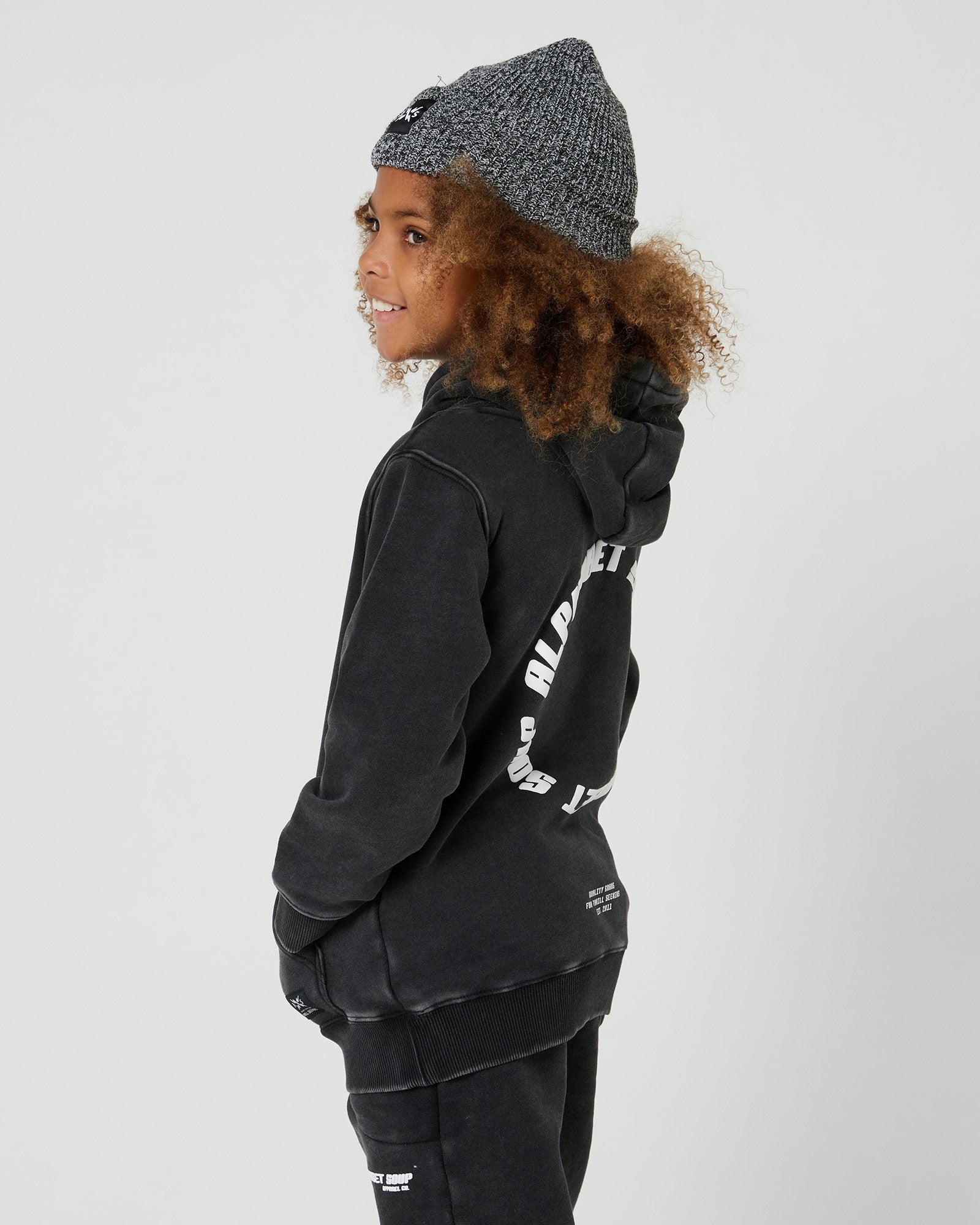 Boys Box Beanie by Alphabet Soup - comfortable rib knit with folded cuff and trendy grey marle colorway. Features woven logo patch and fits most sizes, perfect for outdoor activities.