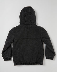 Expertly crafted Kids Summit Canvas Jacket by Alphabet Soup. Vintage dark grey wash treatment, inner Sherpa fleece lining, fixed hood design, elasticated hemline and cuffs. Stay comfortable with front hand pockets.