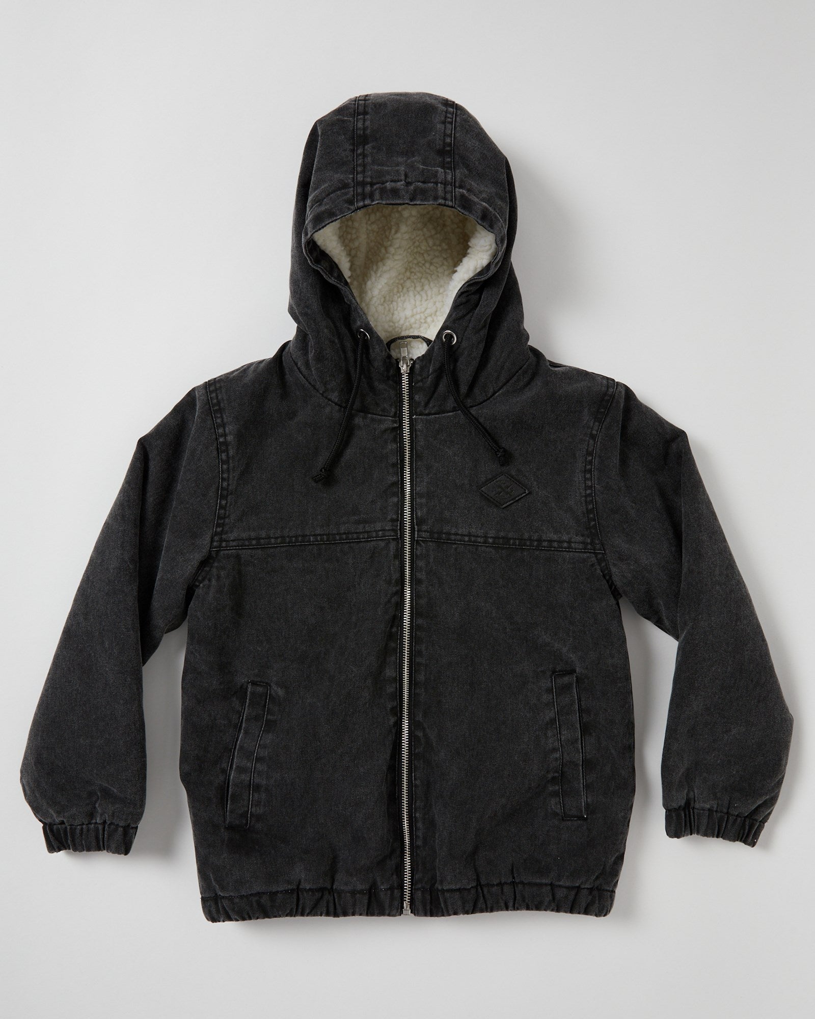 Expertly crafted Kids Summit Canvas Jacket by Alphabet Soup. Vintage dark grey wash treatment, inner Sherpa fleece lining, fixed hood design, elasticated hemline and cuffs. Stay comfortable with front hand pockets.