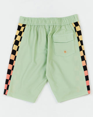 Alphabet Soup’s Teens Eat My Dust boardshort for boys aged 8-16, featuring a quick-dry 4-way stretch fabric featuring a double eyelet waist drawstring, elasticized back waist, checkered fade print, side panel detail, and a velcro-fastened back pocket with logo badge.