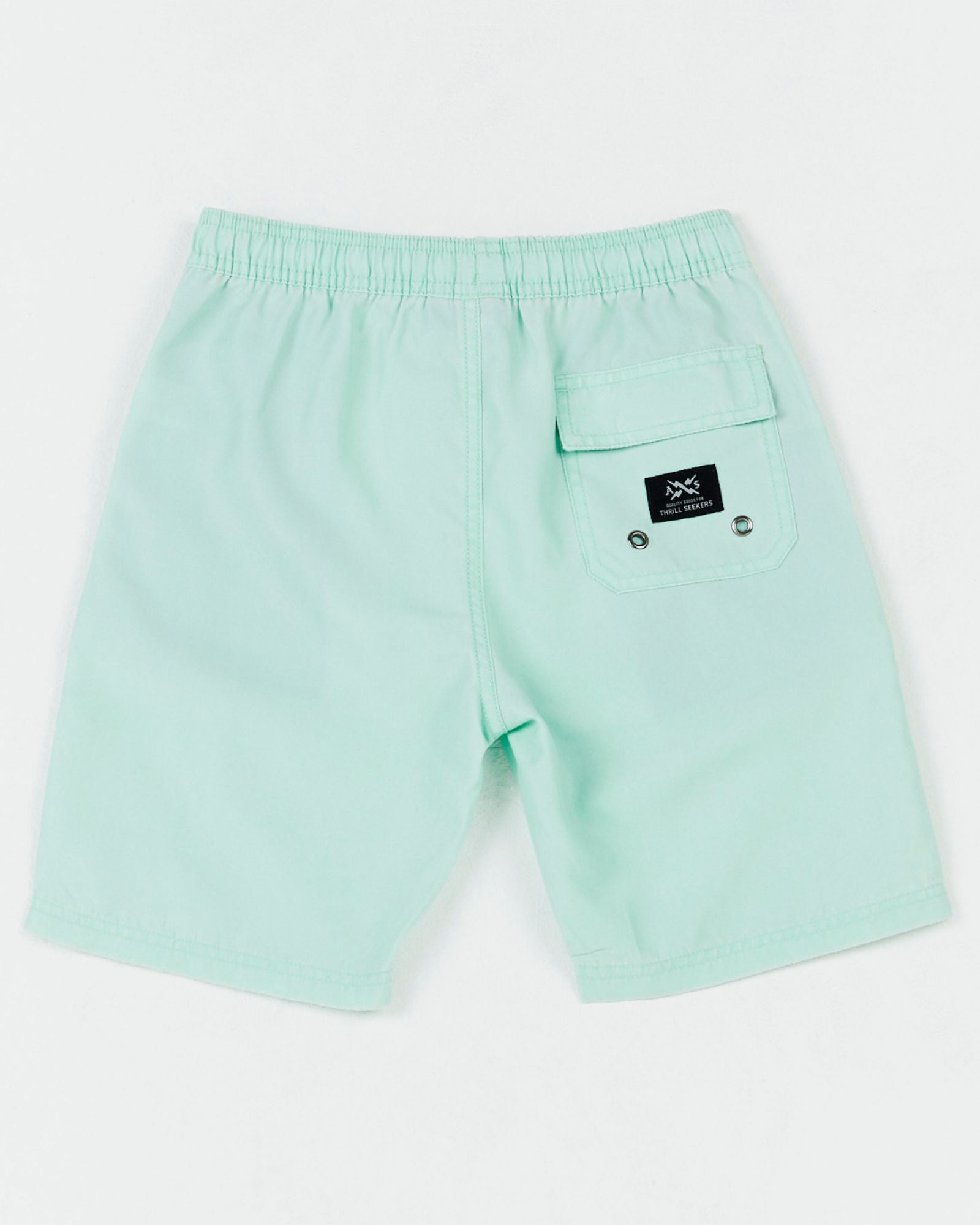 Alphabet Soup's Kids Go To Beach Shorts in mint green for boys aged 2-7. Featuring elasticated waist, adjustable drawcord, 2 mesh-lined pockets & back pocket, velcro-fastening, quick-drying & non-stretch fabric.