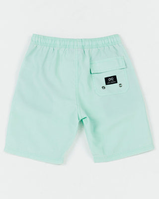 Alphabet Soup's Kids Go To Beach Shorts in mint green for boys aged 2-7. Featuring elasticated waist, adjustable drawcord, 2 mesh-lined pockets & back pocket, velcro-fastening, quick-drying & non-stretch fabric.