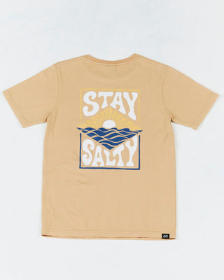 Alphabet Soup's Kids Stay Salty Short Sleeve for boys features a breathable 100% Cotton Jersey, regular fit, ribbed crew neckline, pigment dye and print on chest/back.