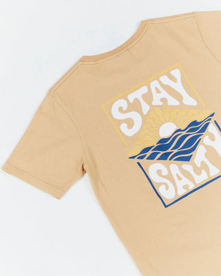Alphabet Soup's Kids Stay Salty Short Sleeve for boys features a breathable 100% Cotton Jersey, regular fit, ribbed crew neckline, pigment dye and print on chest/back.