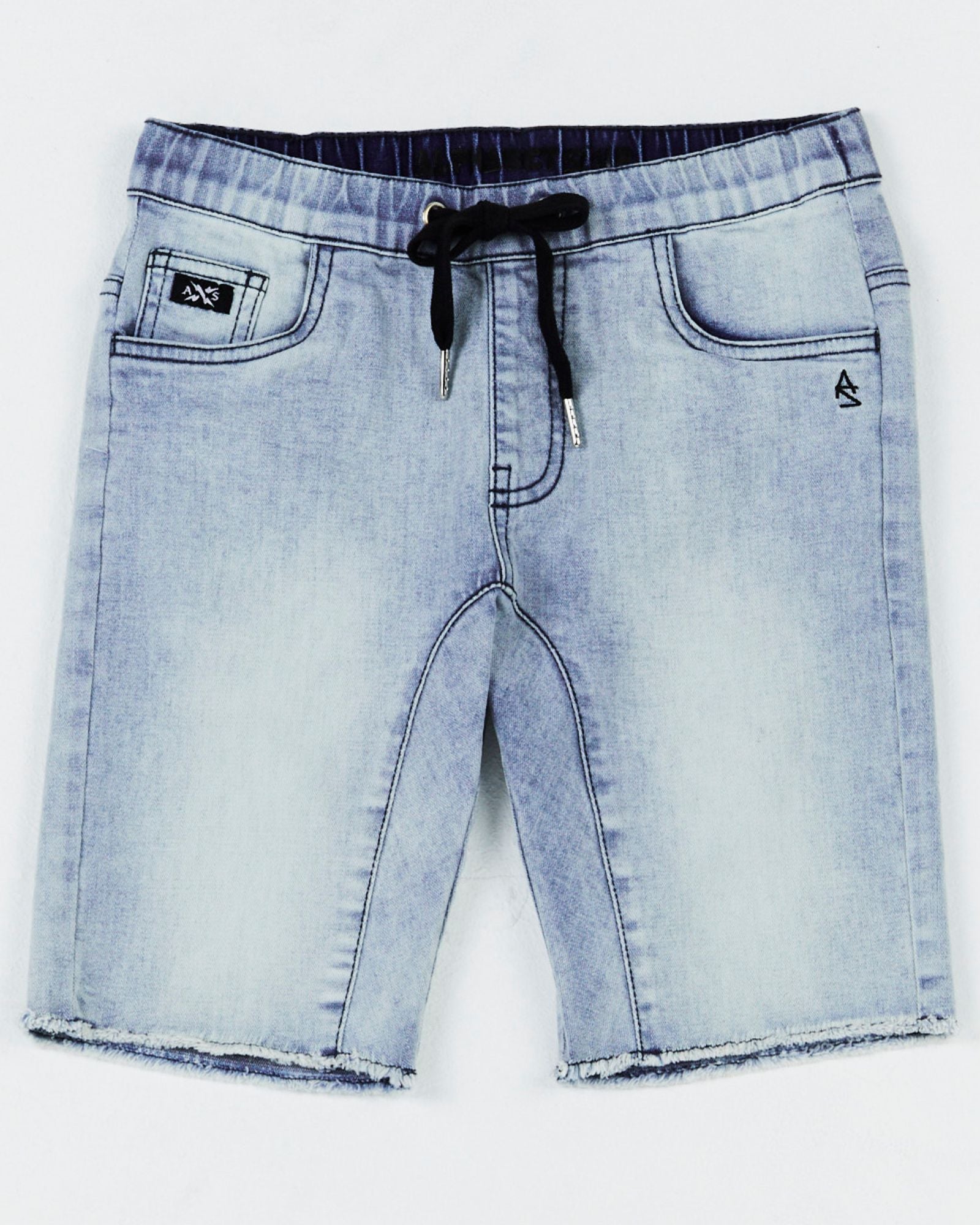 Alphabet Soup's Kids Chopper Jogg Jean Short for boys aged 2-7. Featuring super comfy stretch light blue faded denim, elasticated waist, adjustable drawcords, faux fly and five pocket design.