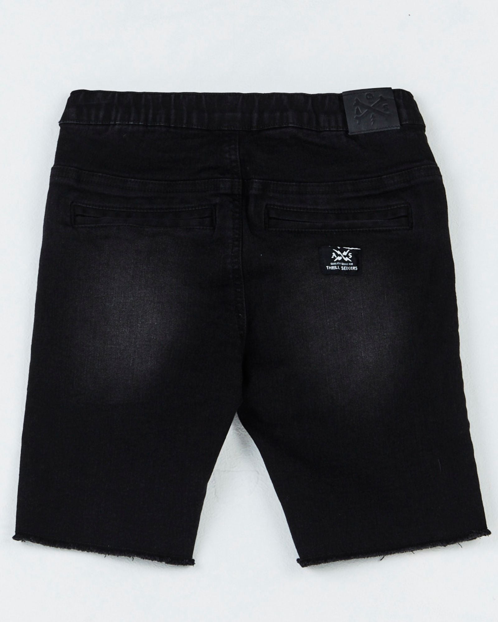 Alphabet Soup's Teen Reckless Denim Jogg Jean Shorts for boys aged 8-16. Crafted from stretch knit denim and vintage black, perfect for any marathon of adventure. Relaxed fit, elasticated waist, five pocket design.