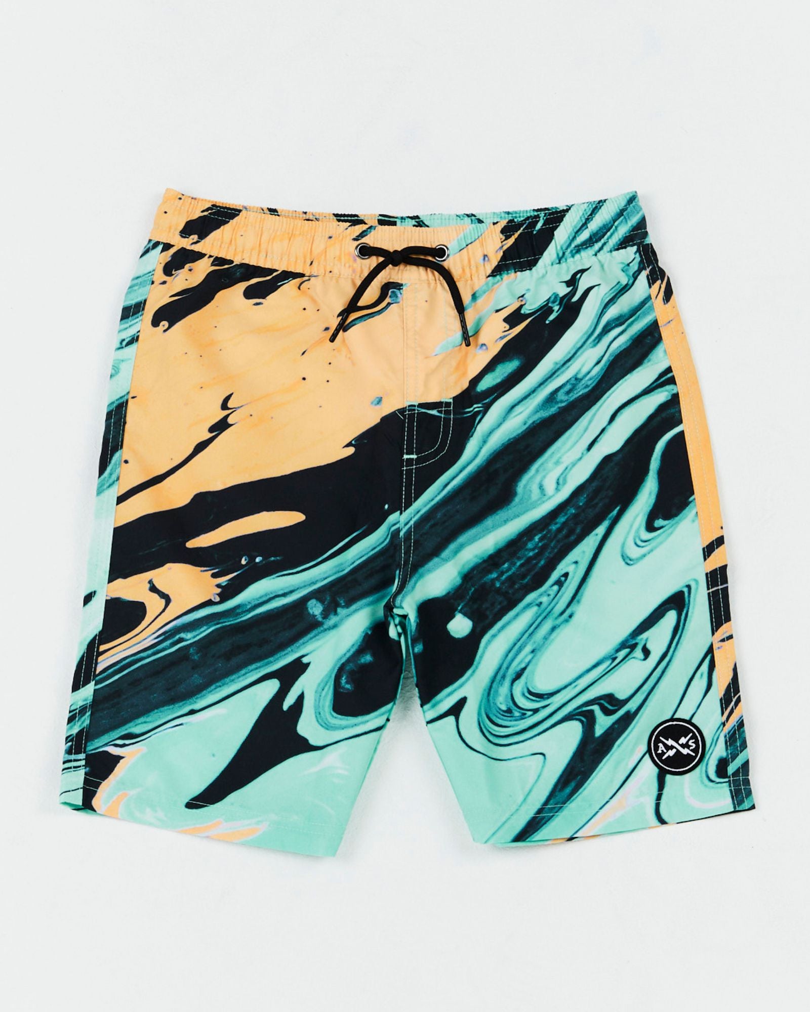 Kids Twister Boardshort Melon Asst in printed swirlKids Twister Boardshorts by Alphabet Soup for boys aged 2-7. Featuring melon/mint/black swirl paint print colorway, recycled polyester microfiber. These shorts feature an adjustable drawcord and a faux fly, plus a secure back pocket complete with a woven logo patch.