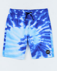 Kids Wipe Out Boardshort by Alphabet Soup for boys aged 2-7. Featuring recycled polyester microfiber, quick-dry fabric & adjustable elastic waist and blue tie dye swirl print.