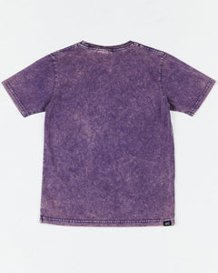 Alphabet Soup's Teen Go To Pocket Tee for boys aged 8-16. Featuring 100% cotton jersey in an acid wash purple colourway, short sleeves, ribbed crew neck, acid wash and pocket chest.
