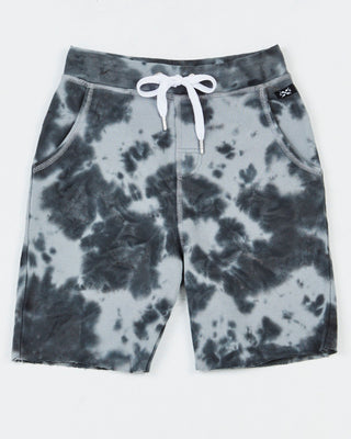 Alphabet Soup's Kids Alley Oop Short in Grey tie dye for boys aged 2-7. Featuring 100% Cotton French Terry, relaxed fit, adjustable drawcords, raw hems and pockets.