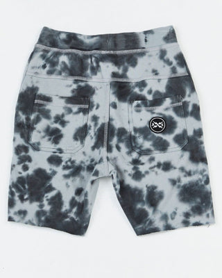 Alphabet Soup's Kids Alley Oop Short in Grey tie dye for boys aged 2-7. Featuring 100% Cotton French Terry, relaxed fit, adjustable drawcords, raw hems and pockets.
