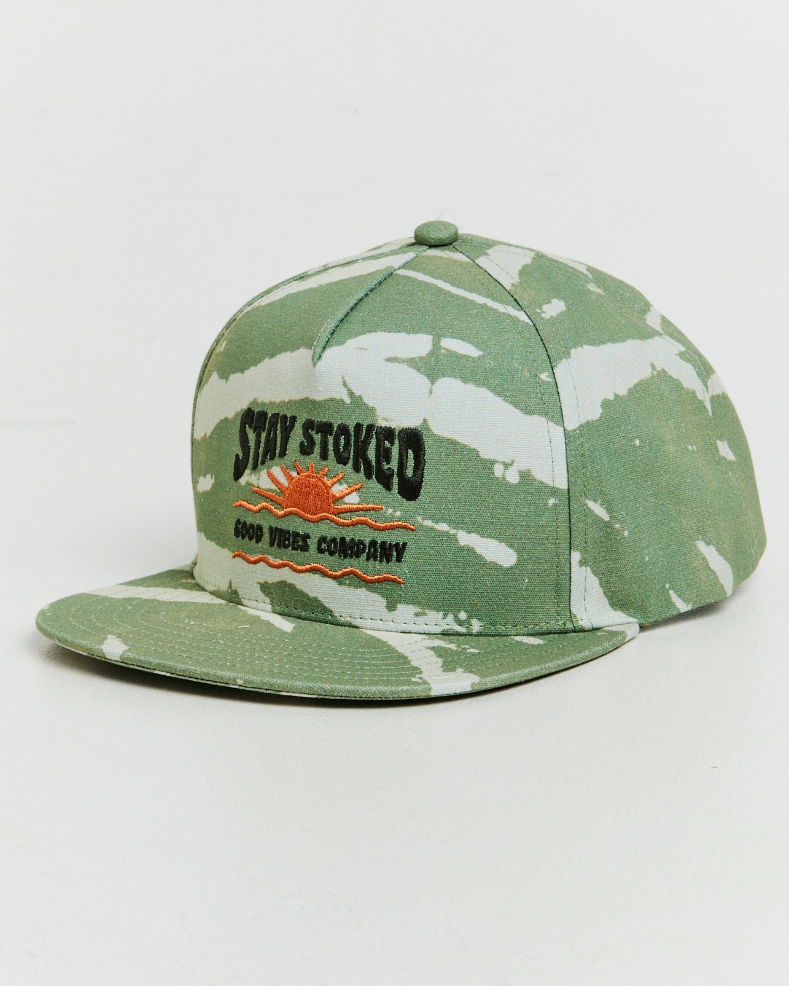 Camo Cap by Alphabet Soup! 5-panel trucker design of cotton canvas drill, unique tie dye print, adjustable snap back fastening for comfy fit.