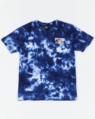 Alphabet Soup Teen Cloud Surfer Short Sleeve Tee for boys aged 2-16. Super-soft cotton and blue marble tie dye keep him cool. Printed label to hem, 'stay stoked' graphic front & back.