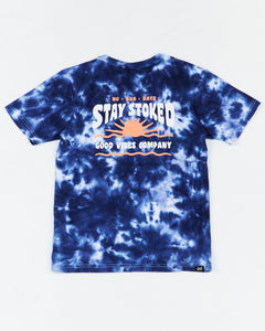 Alphabet Soup Kids Cloud Surfer Short Sleeve Tee for boys aged 2-16. Super-soft cotton and blue marble tie dye keep him cool. Printed label to hem, 'stay stoked' graphic front & back.