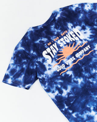 Alphabet Soup Teen Cloud Surfer Short Sleeve Tee for boys aged 2-16. Super-soft cotton and blue marble tie dye keep him cool. Printed label to hem, 'stay stoked' graphic front & back.
