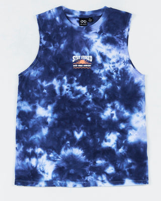 Alphabet Soup's Teen Cloud Surfer Tank for boys aged 8-16, is crafted from 100% cotton jersey. It has a straight hem, ribbed crew neckline, and marble tie dye with a woven label on the hem. Plus, it features “Stay Stoked” prints on the chest and back