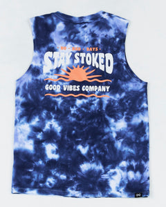 Alphabet Soup's Kids Cloud Surfer Tank for boys aged 2-7, is crafted from 100% cotton jersey. It has a straight hem, ribbed crew neckline, and marble tie dye with a woven label on the hem. Plus, it features “Stay Stoked” prints on the chest and back.