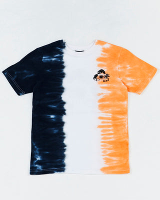 Alphabet Soup's Teen Double Dip Short Sleeve for boys 8-16. This Tee boasts a fun 'Surf Skate Repeat' print and 3-tone dip-dye in orange, navy and white. Features regular fit, straight hemline, and a soft ribbed crew neckline in 100% cotton.