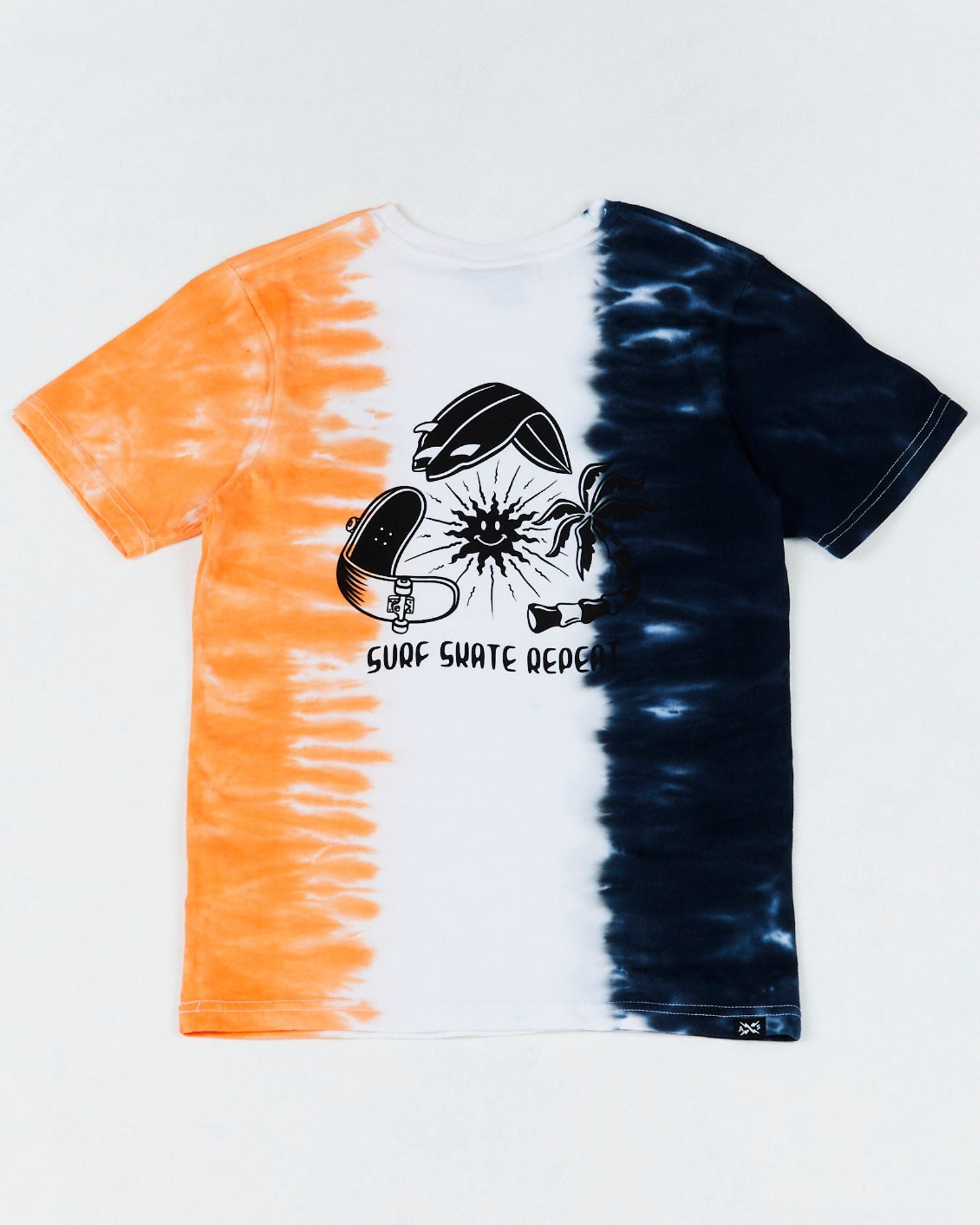 Alphabet Soup's Teen Double Dip Short Sleeve for boys 8-16. This Tee boasts a fun 'Surf Skate Repeat' print and 3-tone dip-dye in orange, navy and white. Features regular fit, straight hemline, and a soft ribbed crew neckline in 100% cotton.