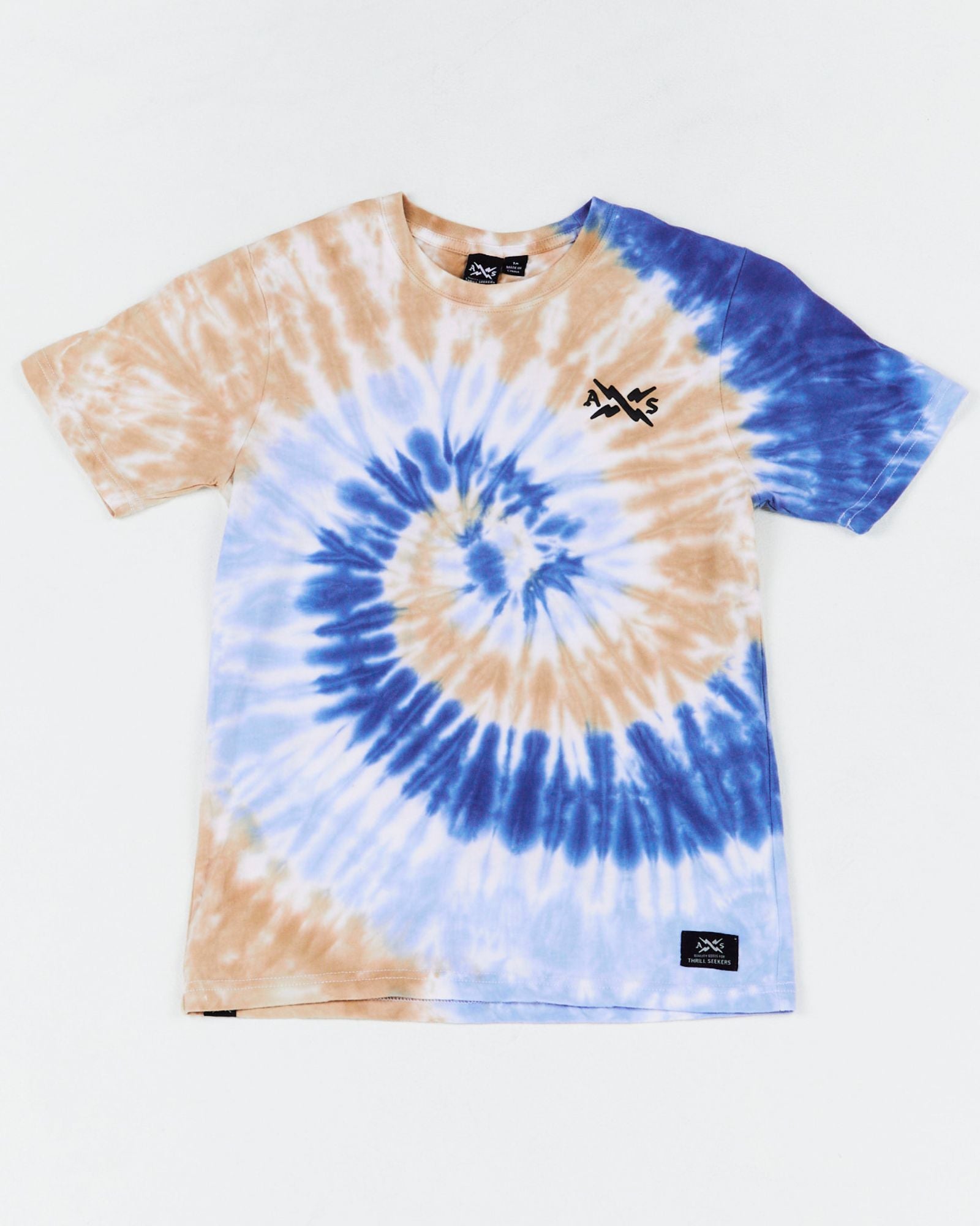 Alphabet Soup's Kids Dunked Tee for boys aged 2 to 7. Crafted in bright blue swirl tie dye & 100% cotton jersey for comfort. Features regular fit, straight hemline, short sleeves, ribbed crew neckline & puff print on chest. 