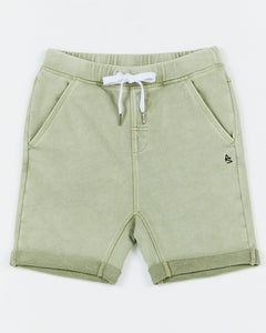 Alphabet Soup's Teen Fakie Shorts for boys aged 8-16 feature Thyme green Cotton French Terry w/roll-up hems, adjustable drawcord, faux-fly & pockets. Plus an embroidered logo at the back pocket.