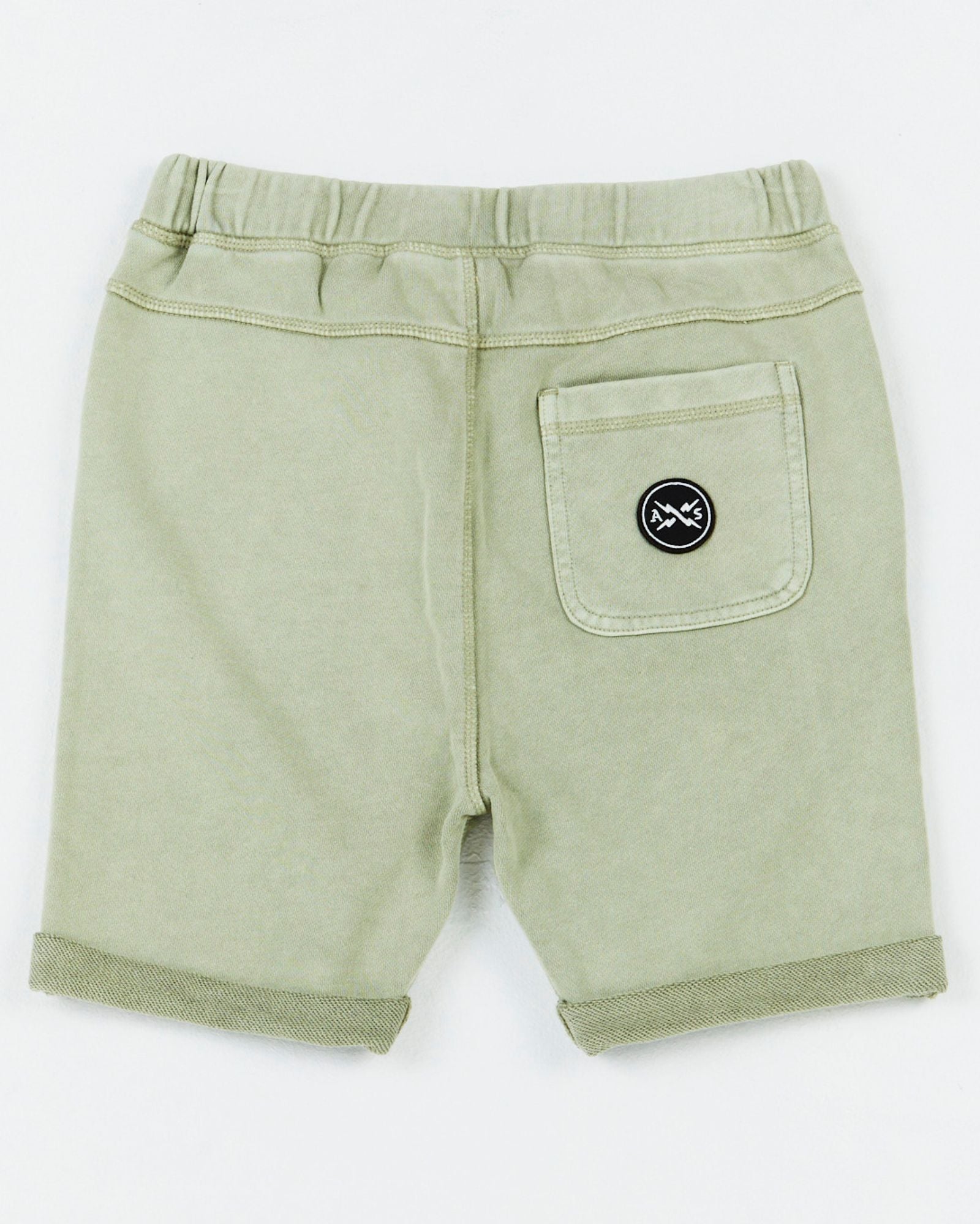 Alphabet Soup's Fakie Shorts for boys aged 2-7, feature Thyme green Cotton French Terry w/roll-up hems, adjustable drawcord, faux-fly & pockets. Plus an embroidered logo at the back pocket.