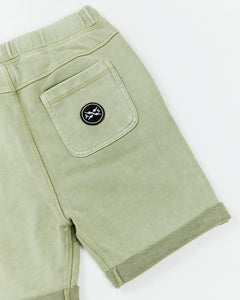 Alphabet Soup's Fakie Shorts for boys aged 2-7, feature Thyme green Cotton French Terry w/roll-up hems, adjustable drawcord, faux-fly & pockets. Plus an embroidered logo at the back pocket.