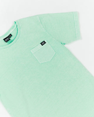 Alphabet Soup's Kids Go To Pocket Tee for boys aged 2-7. Featuring 100% cotton, pockets, rib neckline in a faded mint hue.