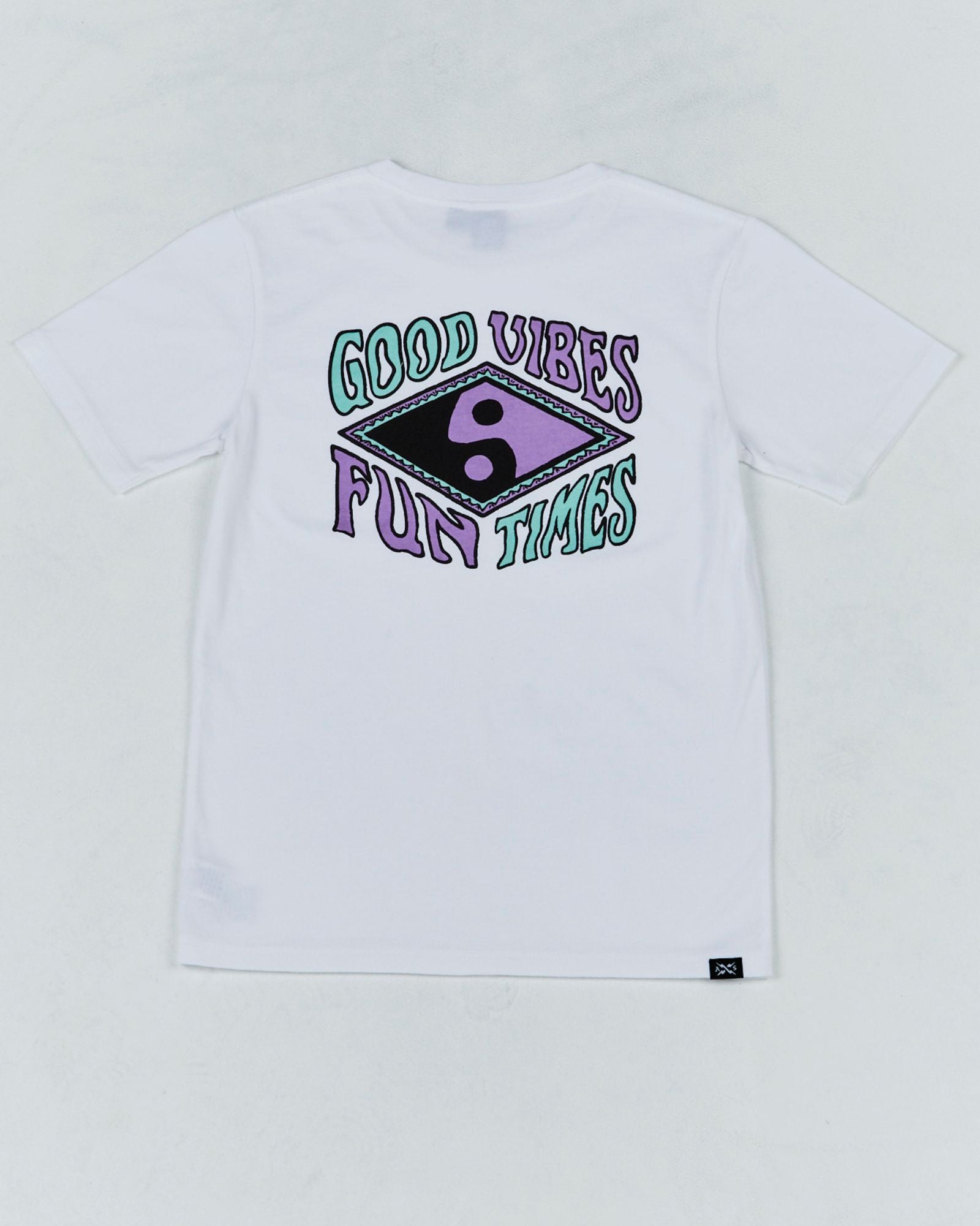 Kids' Good Vibes Tee by Alphabet Soup! For boys aged 2-7. Featuring 100% white cotton jersey, “Good Vibes, Fun Times” retro surf prints on chest and back in purple and blues, reg. fit, straight hem, short sleeves and ribbed crew neck.