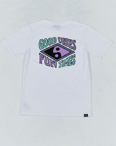 Teen Good Vibes Tee by Alphabet Soup! For boys aged 8-16. Featuring 100% white cotton jersey, “Good Vibes, Fun Times” retro surf prints on chest and back in purple and blues, reg. fit, straight hem, short sleeves and ribbed crew neck.