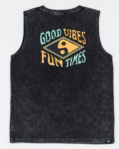 Kids Good Vibes Tank by Alphabet Soup for boys aged 2-7. This acid wash black tank features a ribbed crew neckline and a straight hemline, regular fit, woven label to hem and a retro surf “Good Vibes & Good Times” centred print in orange and green to the front and back.