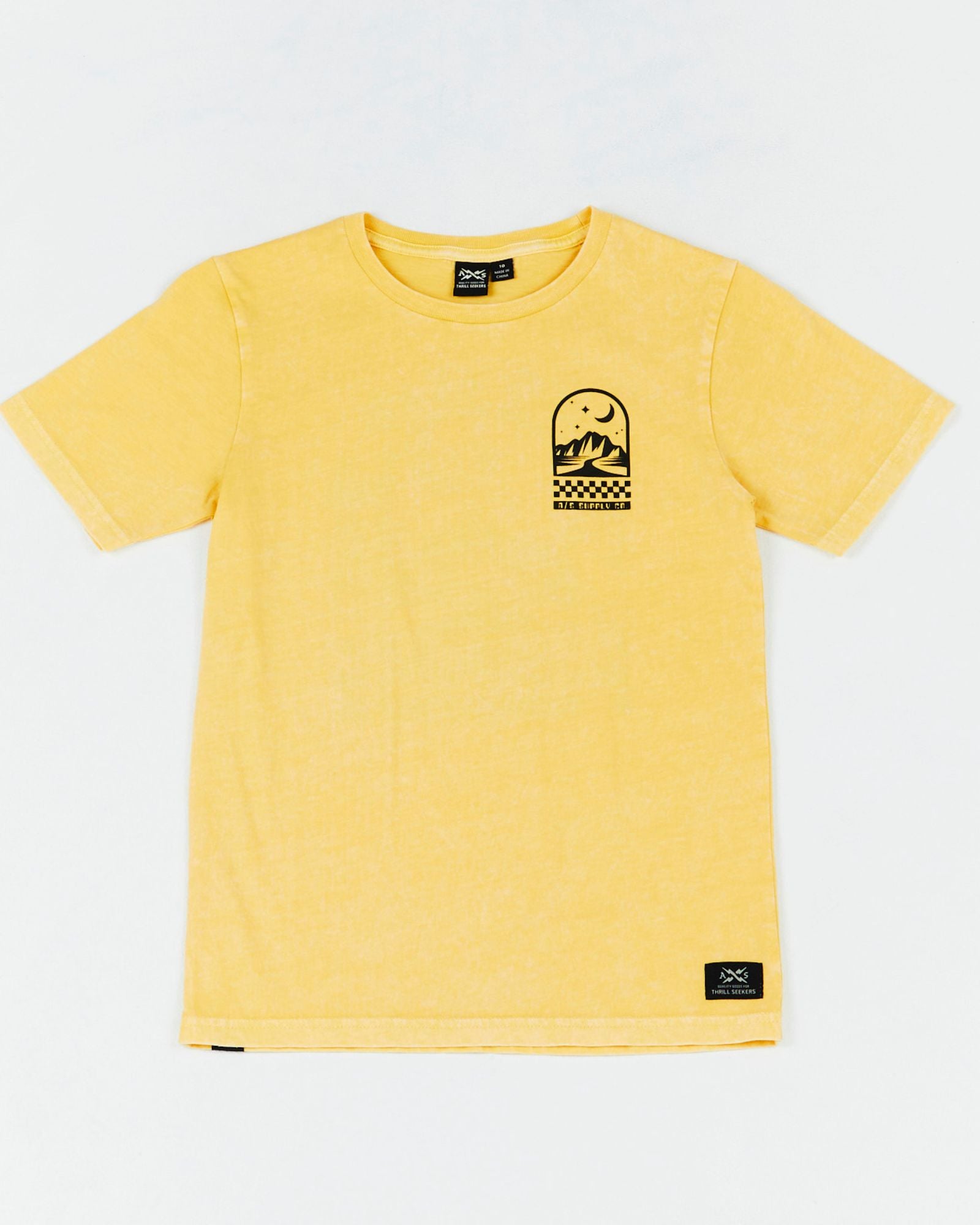 Alphabet Soup's Teen Mystical Tee in washed yellow cotton jersey for boys ages 8-16. Featuring a rad print “Take The Road Less Travelled” design on front and back, short sleeves, crew neck, and straight hemline.