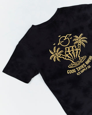 Alphabet Soup's Teens Night Howler Shaka Tee for boys aged 8-16. Featuring 100% black cotton jersey, reg. fit, short sleeves, ribbed neck, two-tone tie dye, shaka print with “Good Times Ahead” on chest & back.