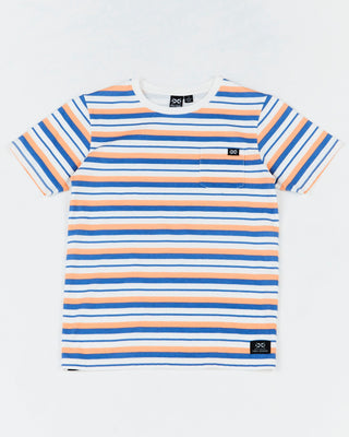 The Alphabet Soup Stripe Short Sleeve Tee! For boys aged 2 to 7. Features a multicolour stripe, chest pocket with logo trim, vintage wash and 100% cotton jersey make it comfortable and stylish. Regular fit and straight hemline.